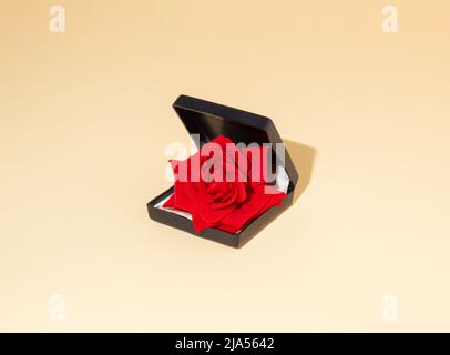 Creative minimal concept made of red rose flower in engagement ring box on beige background. Modern wedding composition. Stock Photo