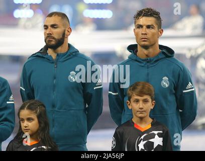 KYIV, UKRAINE - MAY 26, 2018: Real Madrid players (Karim Benzema and Cristiano Ronaldo) listen to Champions League Anthem before the UEFA Champions League Final 2018 game against Liverpool Stock Photo