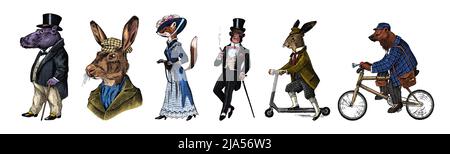 Brown bear rides a bike. Fox and monkey, hippopotamus and Hare or rabbit on a scooter. Antique gentleman in a cap and coat. Victorian man. Vintage Stock Vector