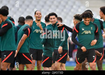 Paris, France. 27th May, 2022. Curtis Jones (17) and the players of Liverpool seen during a training session before the UEFA Champions League final between Liverpool and Real Madrid at the Stade de France in Paris. (Photo Credit: Gonzales Photo/Alamy Live News Stock Photo