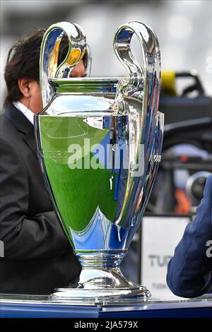 Paris, France. 27th May, 2022. The Champions League trophy is read for the 2022 UEFA Champions League final between Liverpool and Real Madrid at the Stade de France in Paris. (Photo Credit: Gonzales Photo/Alamy Live News Stock Photo
