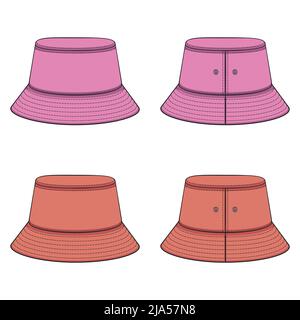 Set of color illustrations with pink and orange panama hat. Isolated vector objects on a white background. Stock Vector