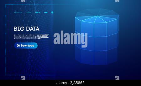 Bid data blue background. Wireframe cylinder vector. Network connection. Stock Vector