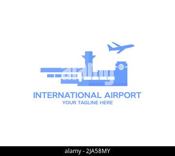 Airport view with airplane. Modern international airport logo design. Aviation technology and world travel concep vector design and illustration. Stock Vector