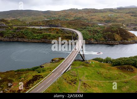Aerial view of Kylesku Bridge crossing Loch Chairn Bhain in Sutherland, Scotland, UK Stock Photo