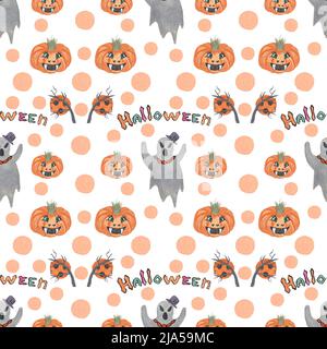 Halloween, colorful seamless pattern on white background, hand drawn in watercolor technique Stock Photo