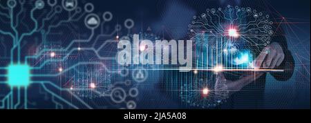 Data science, Businessman and Artificial Intelligence AI, Digital Technology concept. Businessman working digital tablet computer and big data, global Stock Photo
