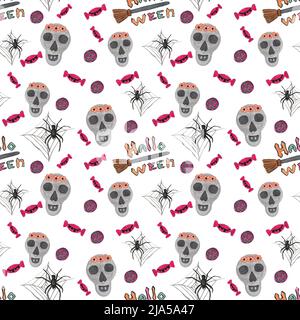 Halloween, seamless pattern on white background, elements are hand drawn in watercolor technique Stock Photo