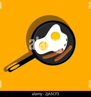 Two Fried eggs with grill sausages in frying pan. English breakfast, home cooking in cafe, food logo icon on yellow background Stock Vector