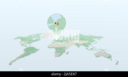 World map in perspective showing the location of the country Belgium with detailed map with flag of Belgium. Vector illustration. Stock Vector