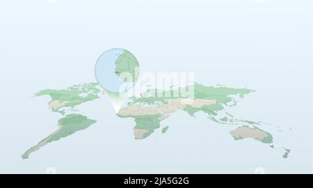 World map in perspective showing the location of the country Gambia with detailed map with flag of Gambia. Vector illustration. Stock Vector