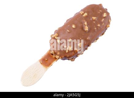 Ice cream bar on wooden stick with nuts in dark or milk chocolate coating isolated on white Stock Photo