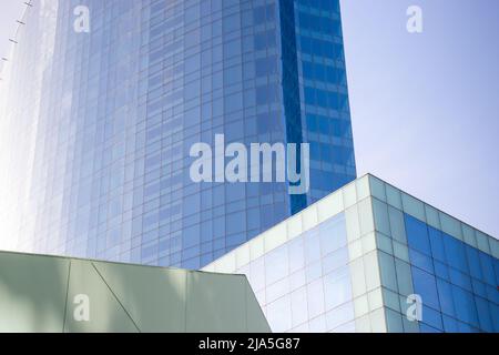 blue abstract architecural view of glass skyscrapers with geometric pattern Stock Photo