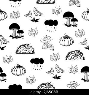 Autumn elements, black and white seamless pattern Stock Vector