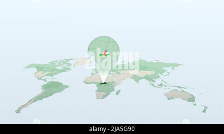 World map in perspective showing the location of the country Central African Republic with detailed map with flag of Central African Republic. Vector Stock Vector