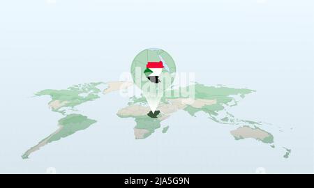 World map in perspective showing the location of the country Sudan with detailed map with flag of Sudan. Vector illustration. Stock Vector