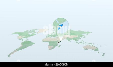 World map in perspective showing the location of the country Somalia with detailed map with flag of Somalia. Vector illustration. Stock Vector