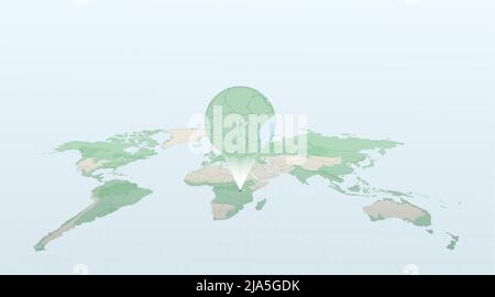 World map in perspective showing the location of the country Rwanda with detailed map with flag of Rwanda. Vector illustration. Stock Vector
