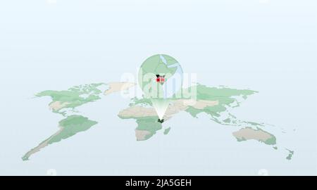 World map in perspective showing the location of the country Kenya with detailed map with flag of Kenya. Vector illustration. Stock Vector