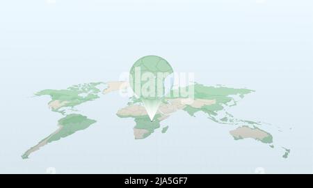 World map in perspective showing the location of the country Burundi with detailed map with flag of Burundi. Vector illustration. Stock Vector