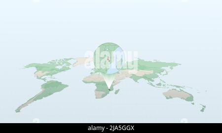 World map in perspective showing the location of the country Malawi with detailed map with flag of Malawi. Vector illustration. Stock Vector