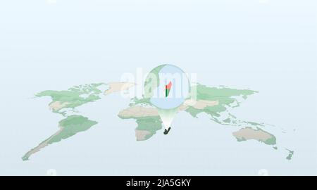 World map in perspective showing the location of the country Madagascar with detailed map with flag of Madagascar. Vector illustration. Stock Vector