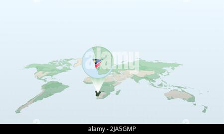 World map in perspective showing the location of the country Namibia with detailed map with flag of Namibia. Vector illustration. Stock Vector