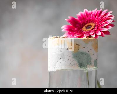 Handmade concrete and glass vase. Flower in a vase. Scandinavian interior. Selective focus Stock Photo