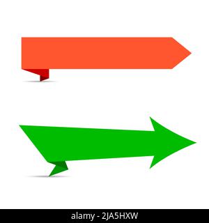 Orange and green arrows. Paper origami ribbon banner set. 3D vector illustration isolated on white. Stock Vector