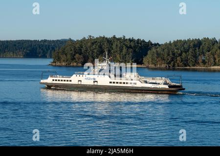 Victoria, British Columbia, Canada - April 14 2021 : BC Ferries, Swartz Bay, Southern Gulf Islands, Strait of Georgia. Stock Photo