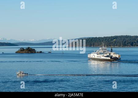 Victoria, British Columbia, Canada - April 14 2021 : BC Ferries, Swartz Bay, Southern Gulf Islands, Strait of Georgia. Stock Photo