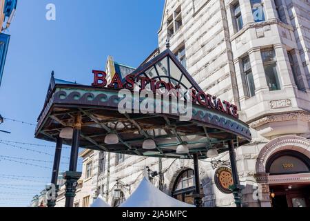 Victoria, BC, Canada - April 14 2021 : Entrance of the Bastion Square. A historic pedestrian mall in Victoria, British Columbia. Stock Photo