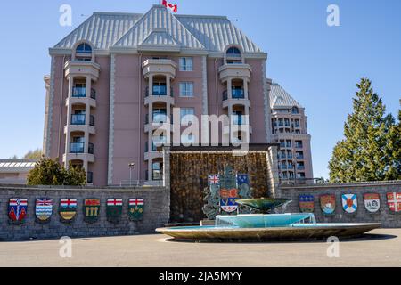 Victoria, BC, Canada - April 14 2021 : Confederation Garden Court, Confederation Fountain. Stock Photo