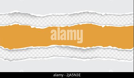 Torn paper. Set of white horizontal ripped paper strips for text or message on squared background realistic vector illustration/ White and orange paper Stock Vector