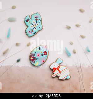Gingerbread in shape of easter bunny, bird and easter eggs Stock Photo