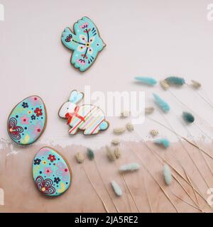 Gingerbread in shape of easter bunny, bird and easter eggs Stock Photo