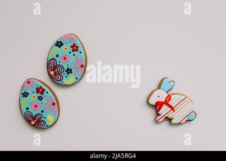 Gingerbread in shape of easter bunny, bird and easter eggs Stock Photo