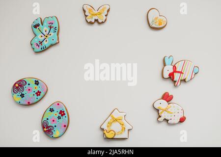 Gingerbread in shape of easter bunny, bird and easter eggs Stock Photo