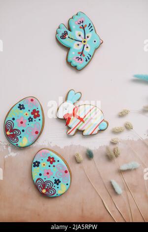 Gingerbread in shape of easter bunny, bird and easter eggs Stock Photo