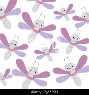 Seamless pattern funny dragonflies. Cute cartoon kawaii funny doodle character. Cute summer surface design in hand-drawn style. Kids repeat background Stock Vector