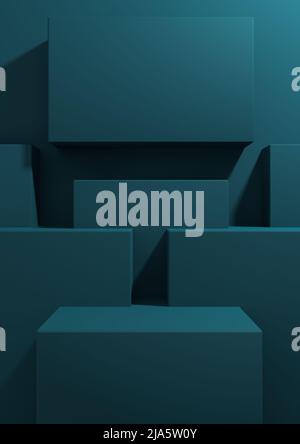 Dark teal, aqua blue 3D rendering product display three podiums stands ...