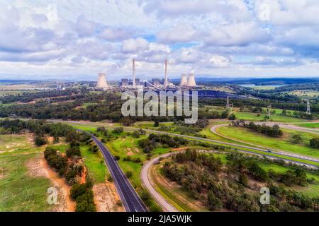 Bayswater power plant electricity station in Hunter valley of Australia - aerial view of industrial plant. Stock Photo