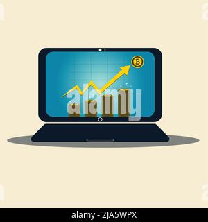 Business laptop concept symbol on-screen. Bitcoin gold icon for rowth chart on medal bitcoin background,Vector illustration Stock Vector