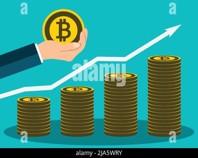 Business Bitcoin concept growth chart hand holding.Give a medal bitcoin,Vector illustration Stock Vector