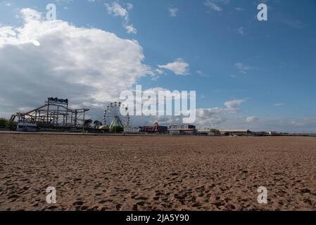 Skegness Beach, showing the Pier, Big Wheel in the distance. Skegness, Lincolnshire, UK. An English Holiday in the Summertime. Stock Photo