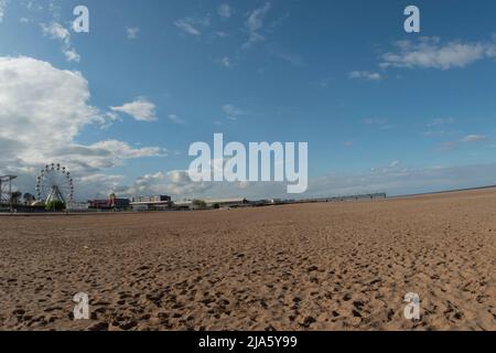 Skegness Beach, showing the Pier, Big Wheel in the distance. Skegness, Lincolnshire, UK. An English Holiday in the Summertime. Stock Photo