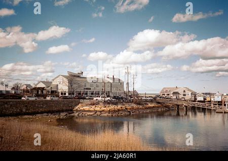 Classic Tavern on the Wharf restaurant in the Plymouth Harbor. Plymouth Massachusetts. The image was captured on analog color film. Stock Photo