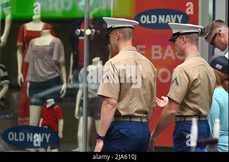 New York, USA. 27th May, 2022. Two Marines walk through Times Square during Fleet Week, New York, NY, May 27, 2022. (Photo by Anthony Behar/Sipa USA) Credit: Sipa USA/Alamy Live News Stock Photo