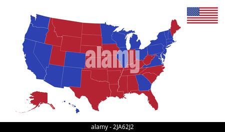 Map of blue and red states. Each state separately. American flag. Flat vector illustration isolated on white background. Stock Vector