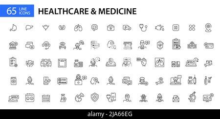 65 Healthcare, hospital and medicine icons. Doctors, human organs, ambulance, insurance etc. Pixel perfect, editable stroke line art.  Stock Vector